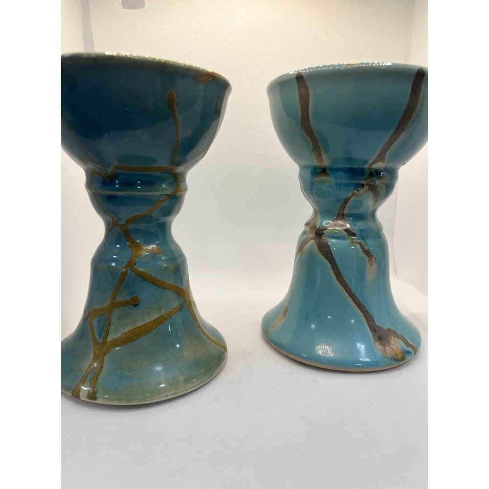 2 Raku Candle Holder Z Gallerie Pillar Taper  Turquoise Blue teal brown 8"